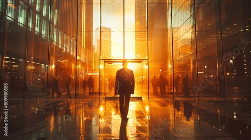 Silhouette of a businessman standing at the door of a bustling stock exchange, light flooding in
