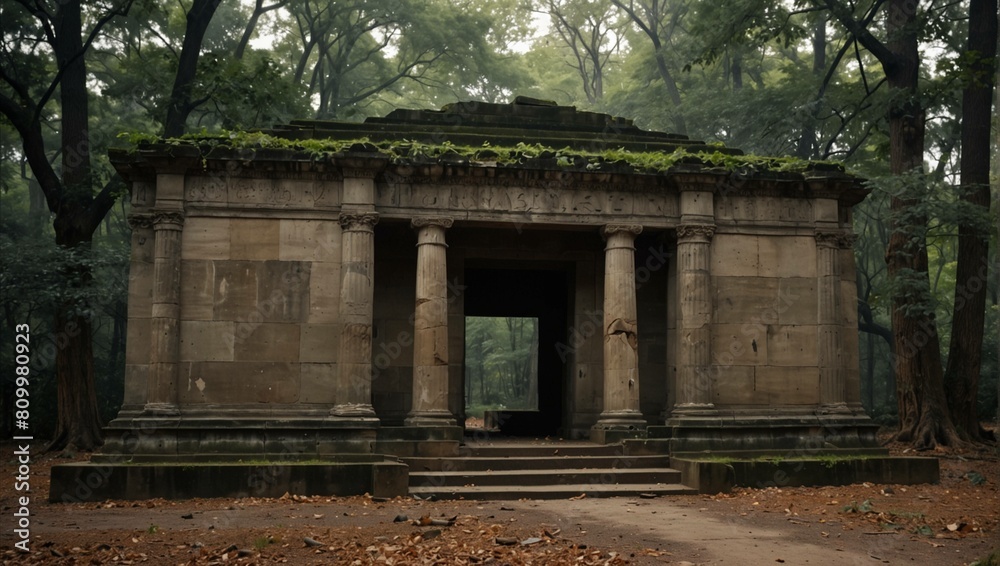 A weathered stone building, like a small temple, stands in a misty park. Steps lead to a doorway. A weathered stone building, like a small temple, stands in a misty park. Steps lead to a doorway.