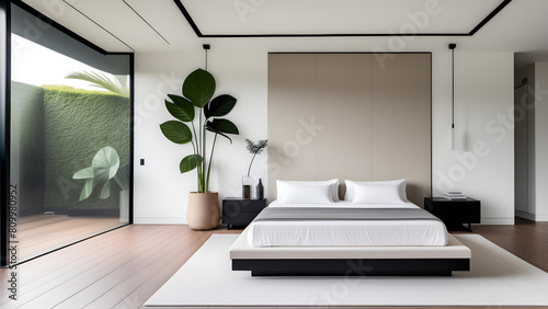 Modern bedroom home design, double bed with milky white walls, minimalist style, used for background and banners photo