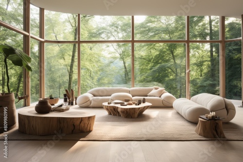 Interior design livingroom treetrunk tables,big soft sofa and chair large window view photo