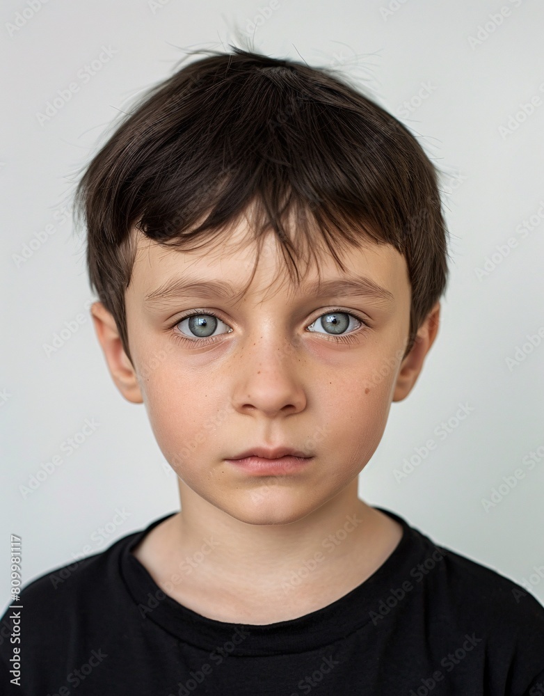 ID Photo for Passport : European child boy with straight short black hair and blue eyes, without glasses and wearing a black t-shirt ID Photo for Passport : European child boy with straight short black hair and blue eyes, without glasses and wearing a black t-shirt