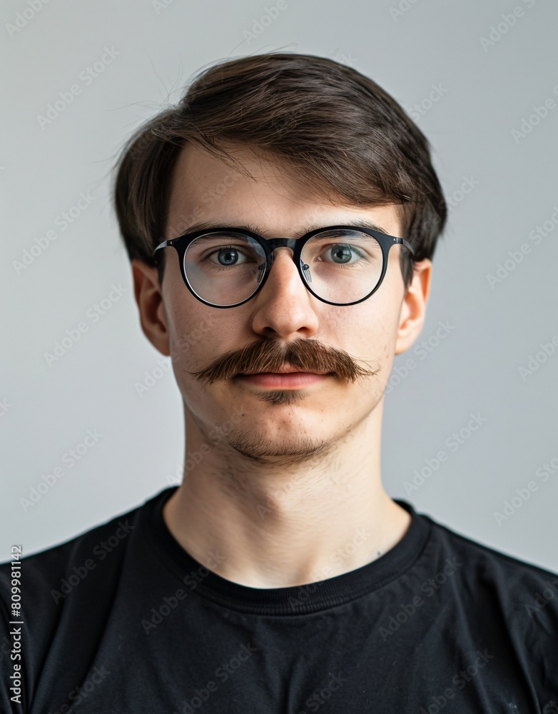 ID Photo for Passport : European young adult man with straight short black hair and blue eyes, thick mustache, with glasses and wearing a black t-shirt ID Photo for Passport : European young adult man with straight short black hair and blue eyes, thick mustache, with glasses and wearing a black t-shirt