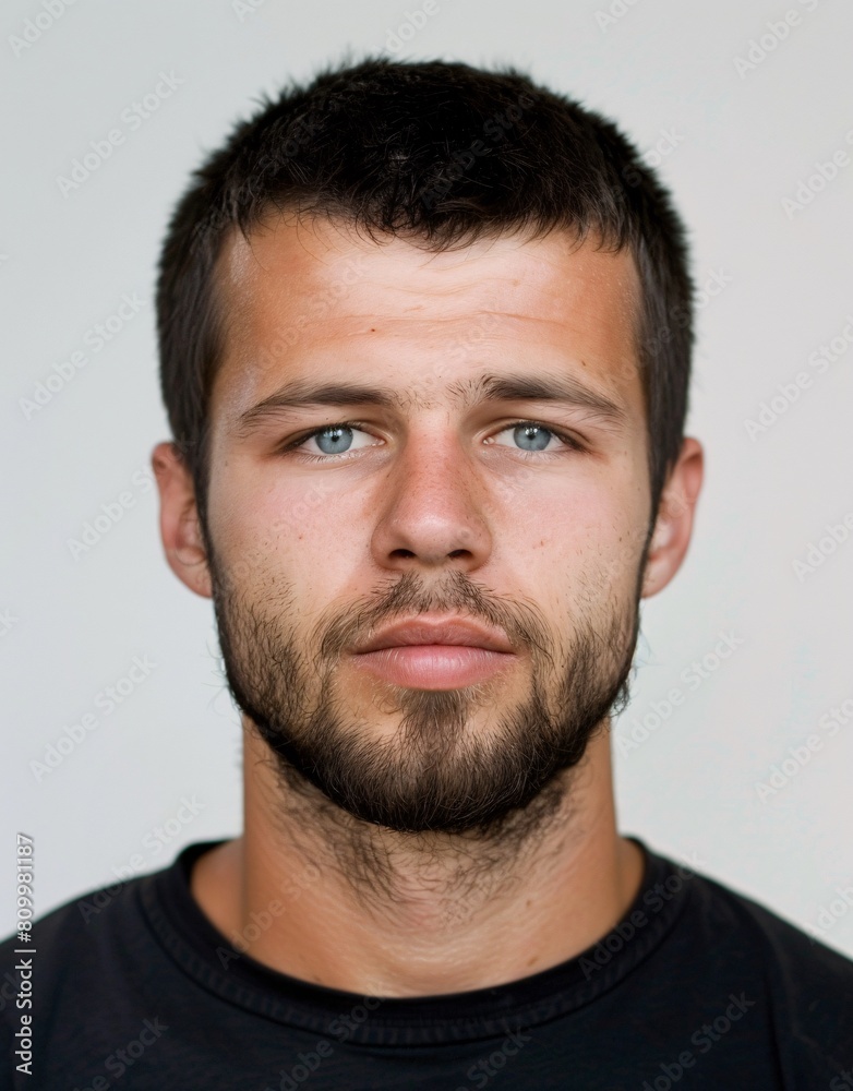 ID Photo for Passport : European young adult man with straight short black hair and blue eyes, short beard, without glasses and wearing a black t-shirt ID Photo for Passport : European young adult man with straight short black hair and blue eyes, short beard, without glasses and wearing a black t-shirt