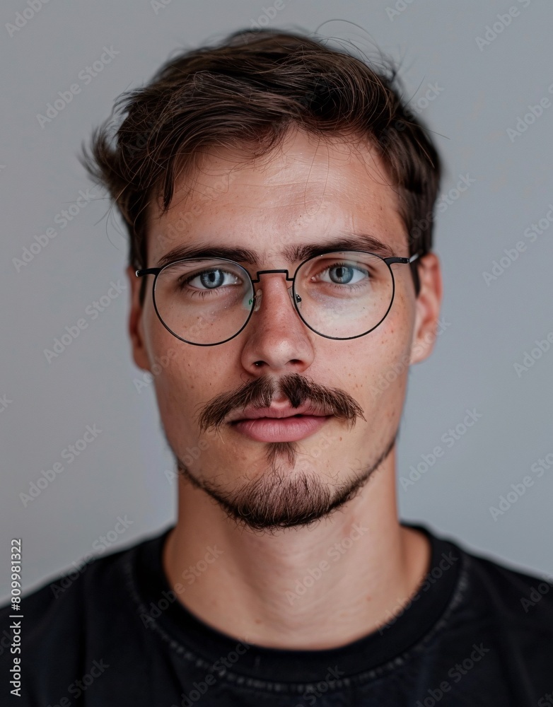 ID Photo for Passport : European young adult man with straight short black hair and blue eyes, thick mustache, with glasses and wearing a black t-shirt ID Photo for Passport : European young adult man with straight short black hair and blue eyes, thick mustache, with glasses and wearing a black t-shirt