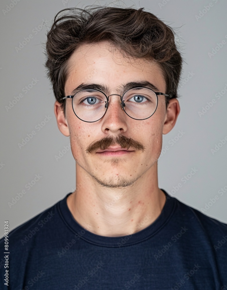 ID Photo for Passport : European young adult man with straight short black hair and blue eyes, thick mustache, with glasses and wearing a navy t-shirt ID Photo for Passport : European young adult man with straight short black hair and blue eyes, thick mustache, with glasses and wearing a navy t-shirt