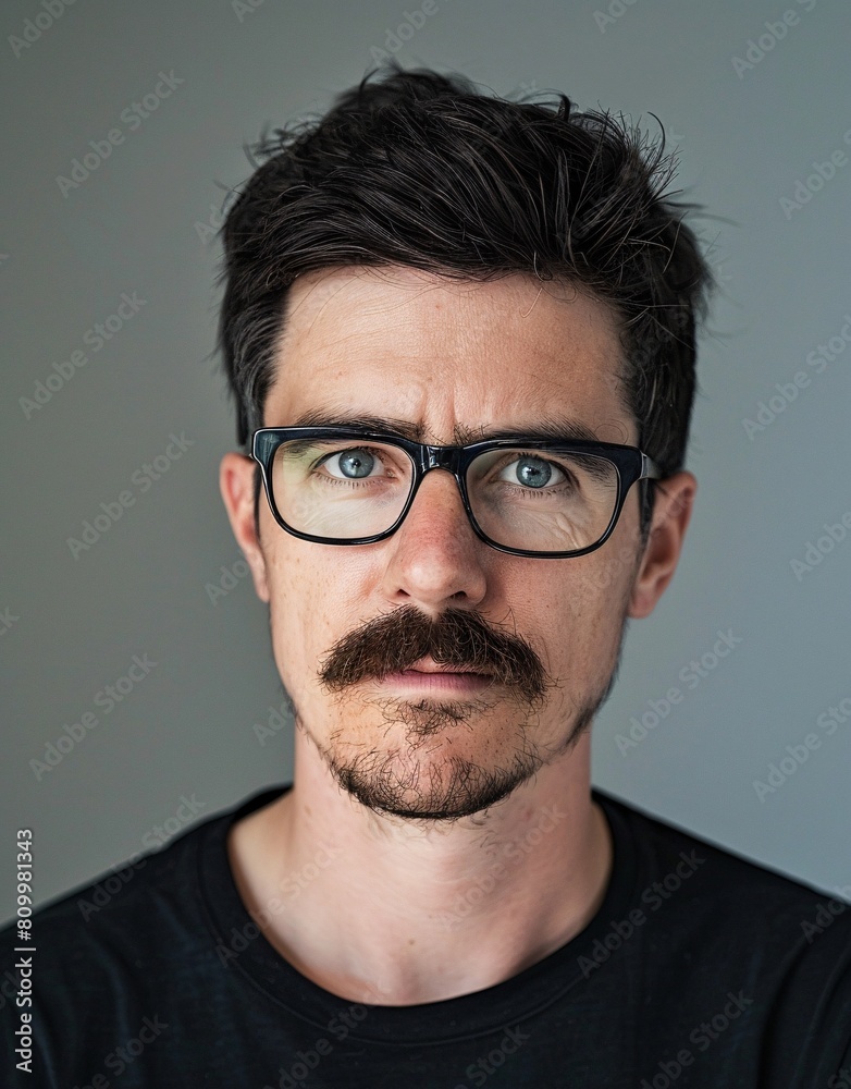 ID Photo for Passport : European young adult man with straight short black hair and blue eyes, thick mustache, with glasses and wearing a black t-shirt ID Photo for Passport : European young adult man with straight short black hair and blue eyes, thick mustache, with glasses and wearing a black t-shirt