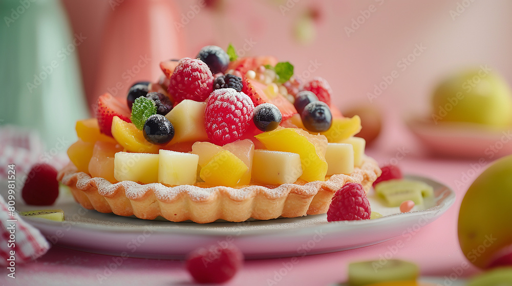 Fruit Tart with creamy filling and the vibrant fruit arrangement on top against pastel backdrop. Close-up Shot. 