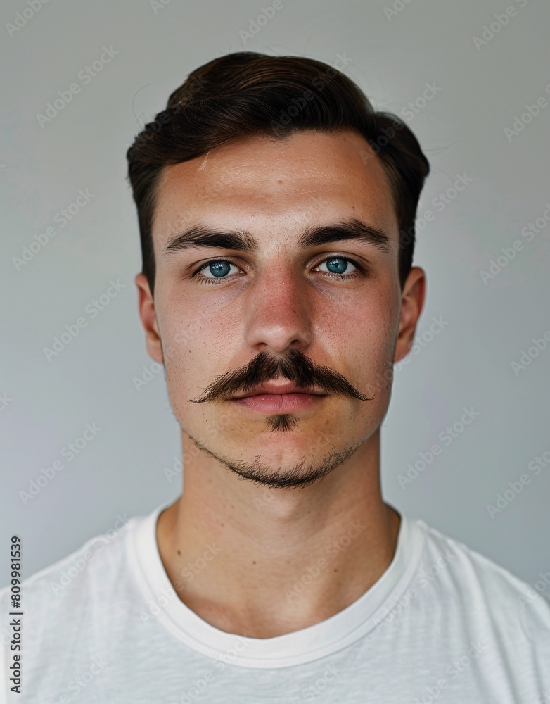 Fototapeta premium ID Photo for Passport : European young adult man with straight short black hair and blue eyes, handlebar mustache, without glasses and wearing a white t-shirt