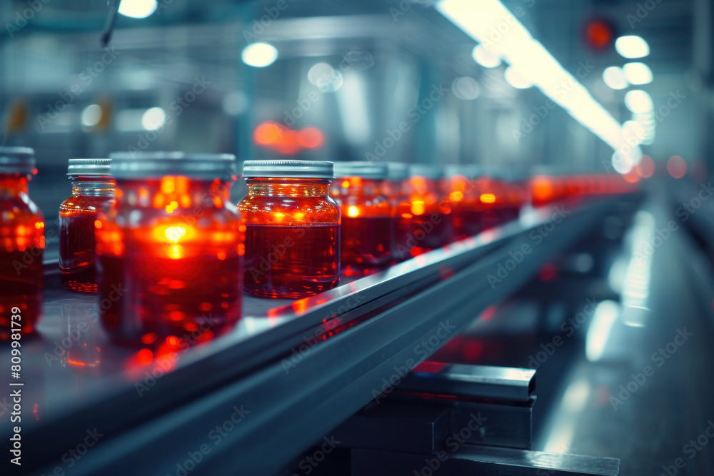 Bottles of red liquid on a conveyor belt in an industrial factory production line for packaging