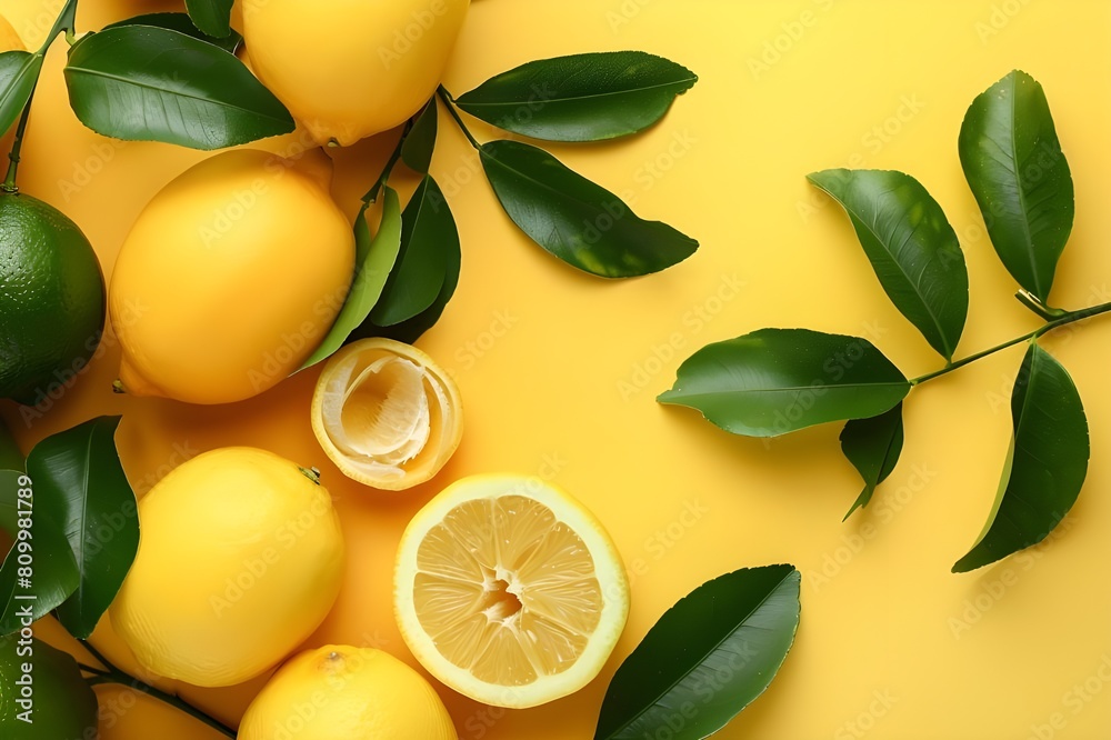 Lemons and lemons with green leaves on a yellow background. top view