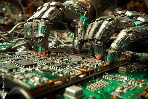 Detailed robotic hands working on circuit boards, highlighting advanced technology in electronics assembly.
