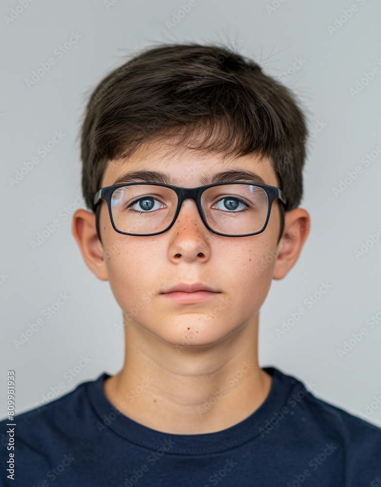 ID Photo for Passport : European teenager boy with straight short black hair and blue eyes, with glasses and wearing a navy t-shirt ID Photo for Passport : European teenager boy with straight short black hair and blue eyes, with glasses and wearing a navy t-shirt