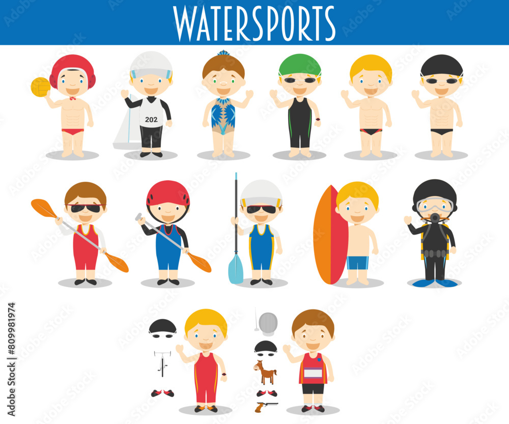 Vector Set of Watersports in cartoon style Vector Set of Watersports in cartoon style