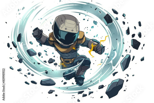 Magnetic Warrior A hero with the power to manipulate magnetic fields, floating surrounded by swirling metallic debris.