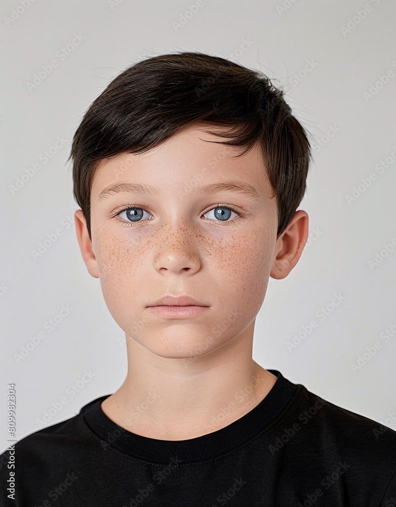 ID Photo for Passport : European teenager boy with straight short black hair and blue eyes, without glasses and wearing a black t-shirt ID Photo for Passport : European teenager boy with straight short black hair and blue eyes, without glasses and wearing a black t-shirt
