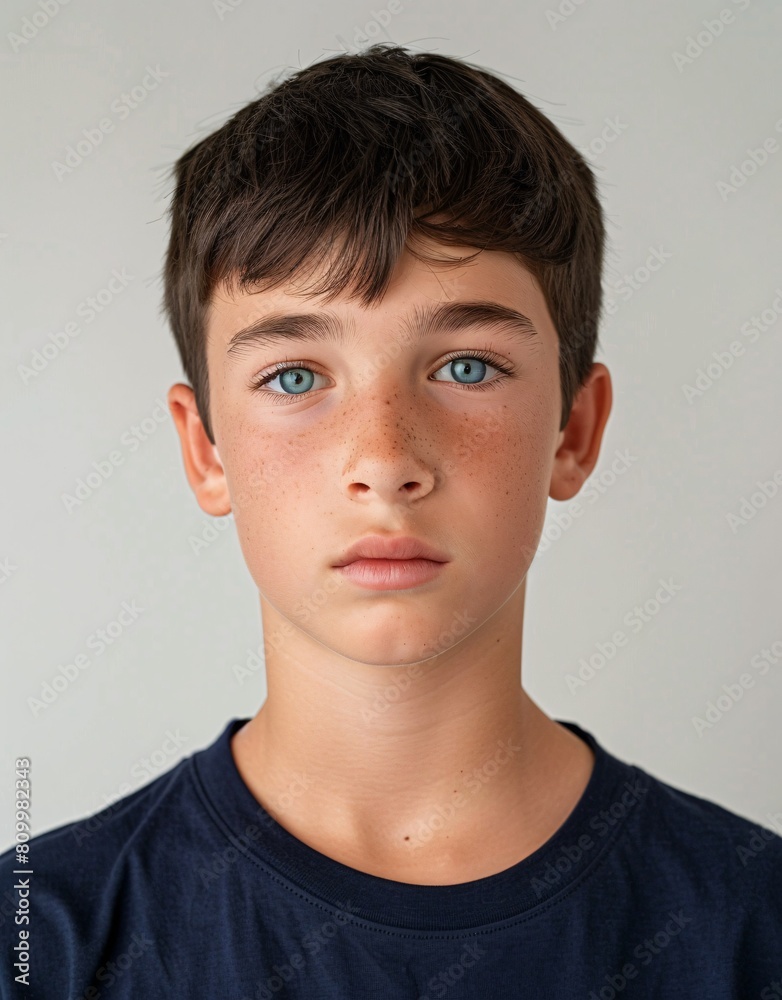 ID Photo for Passport : European teenager boy with straight short black hair and blue eyes, without glasses and wearing a navy t-shirt ID Photo for Passport : European teenager boy with straight short black hair and blue eyes, without glasses and wearing a navy t-shirt