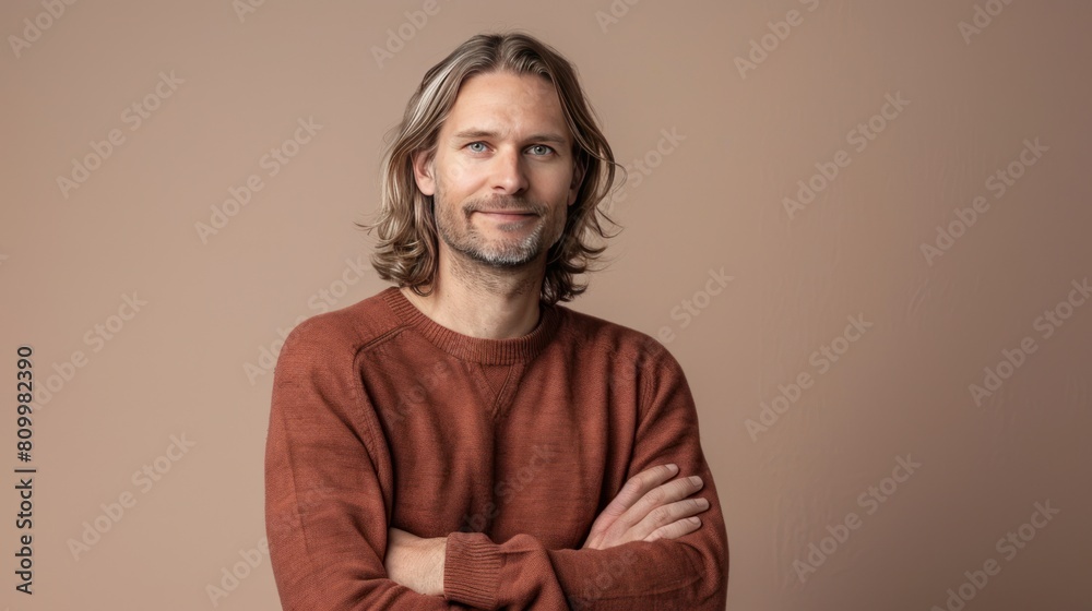 Fototapeta premium Young adult handsome blond pale man portrait, nordic type male model dressed in casual clothes studio shot, background with copy space, diversity and different beauty concept, AI generated image