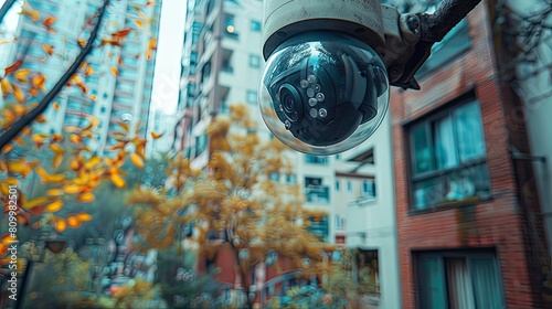 A security camera mounted on the side of a building. Can be used for surveillance and monitoring purposes