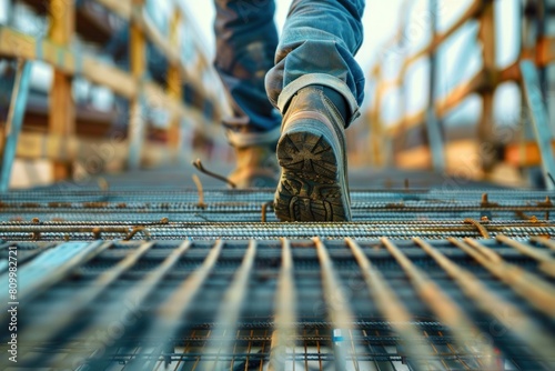 Close up of worker walking on metal platform at construction site, Construction Workers Craft Steel Reinforcement Bars, Movin forward, success, grow up concept. Rear view, close up shoes. Generated AI photo