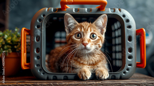 Cat care on the go: feline in pet carrier at vet clinic visit