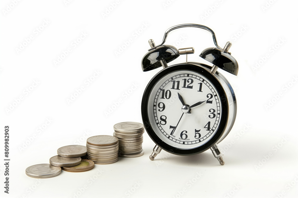 Retro alarm clock and coins stack . Retirement planning. money saving and Investment. Retro alarm clock and coins stack . Retirement planning. money saving and Investment.