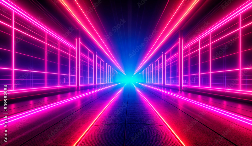A virtual neon highway stretches off into the distance, with bright lines of pink and blue light guiding the way. A virtual neon highway stretches off into the distance, with bright lines of pink and blue light guiding the way.