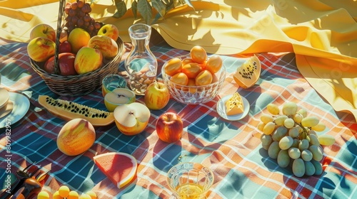 A picnic spread with tableware  fruit  and flowers on a plaid blanket. Enjoy natural foods  vegetable dishes  and a beautiful outdoor event AIG50