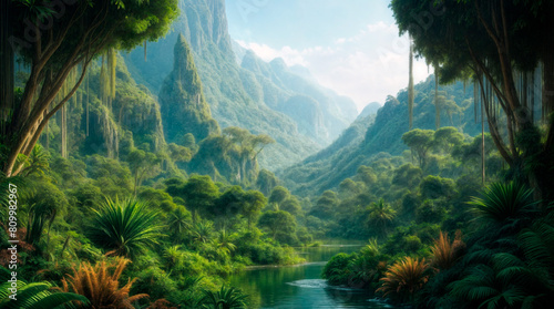 A river flows through a dense jungle, framed by tall palm trees and mountains in the background.