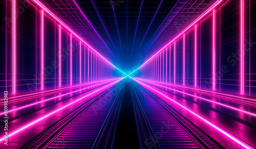 A virtual neon highway stretches off into the distance, with bright lines of pink and blue light guiding the way. 