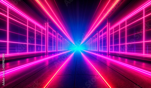 A virtual neon highway stretches off into the distance, with bright lines of pink and blue light guiding the way. 