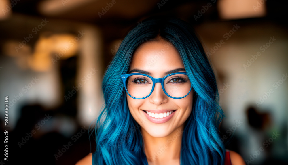 A woman with blue hair and glasses smiles at the camera. A woman with blue hair and glasses smiles at the camera.