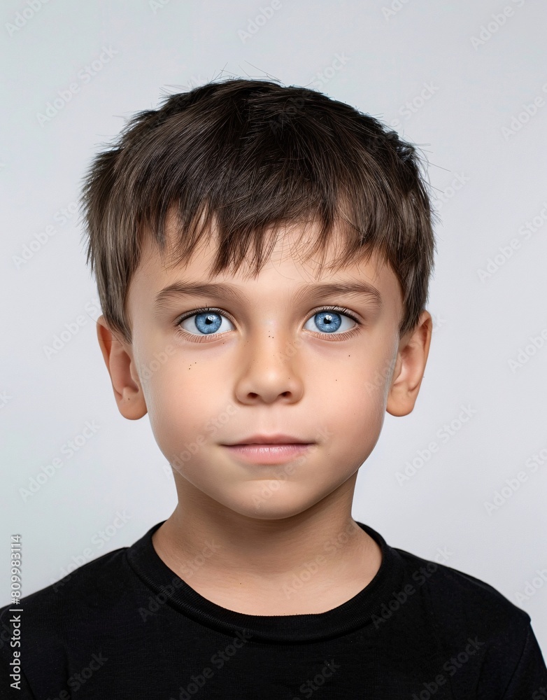 ID Photo for Passport : European child boy with straight short black hair and blue eyes, without glasses and wearing a black t-shirt ID Photo for Passport : European child boy with straight short black hair and blue eyes, without glasses and wearing a black t-shirt