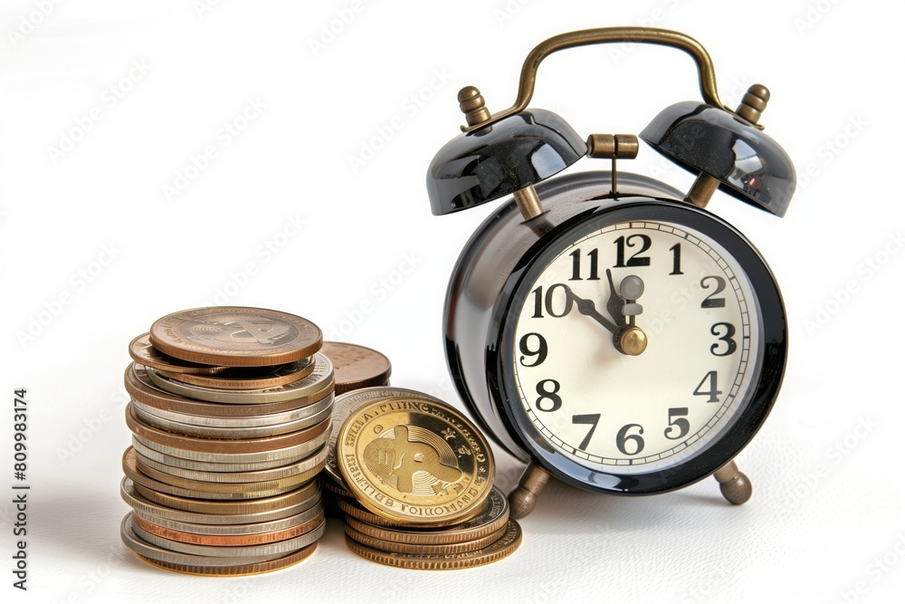Retro alarm clock and coins stack . Retirement planning. money saving and Investment. Retro alarm clock and coins stack . Retirement planning. money saving and Investment.