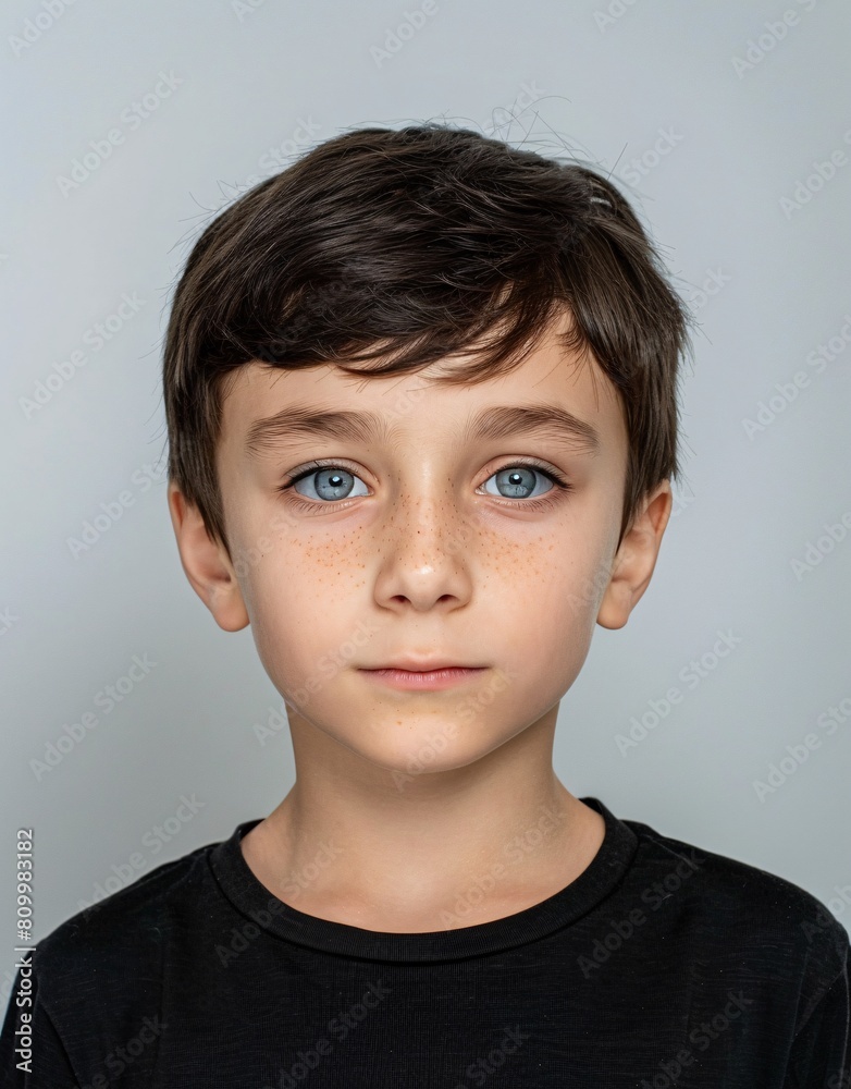 ID Photo for Passport : European child boy with straight short black hair and blue eyes, without glasses and wearing a black t-shirt ID Photo for Passport : European child boy with straight short black hair and blue eyes, without glasses and wearing a black t-shirt