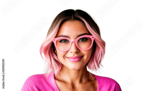 A woman with pink hair and glasses smiles at the camera.