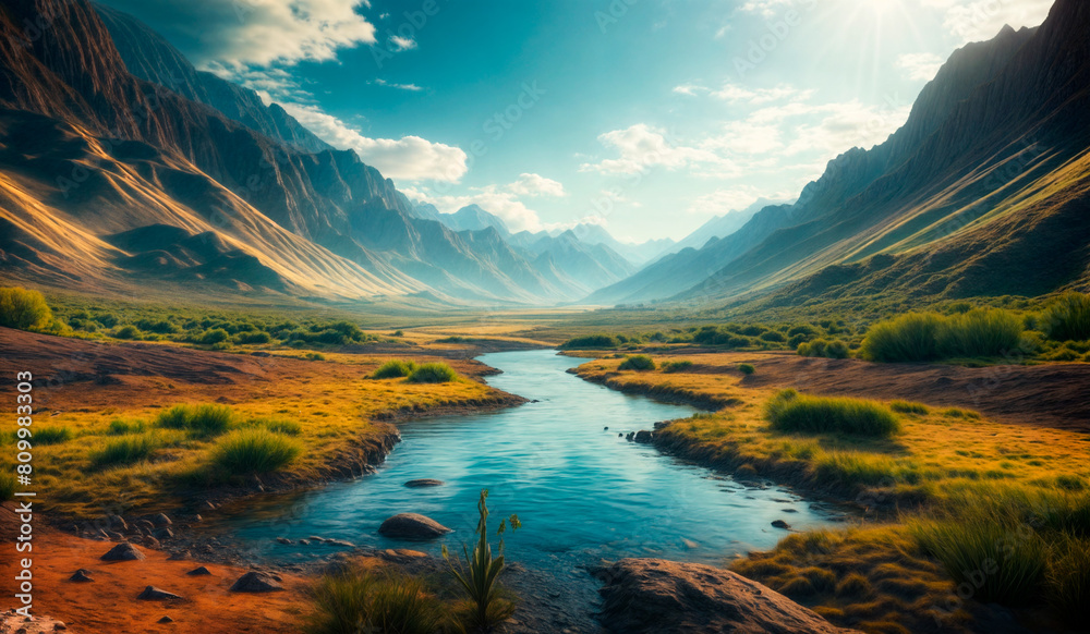 A river flows through a valley between grassy hills, with mountains in the background and a blue sky overhead. A river flows through a valley between grassy hills, with mountains in the background and a blue sky overhead.