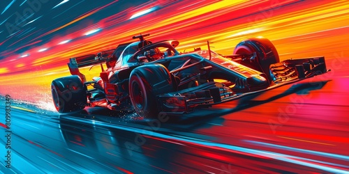 F1 racing car speeding down track