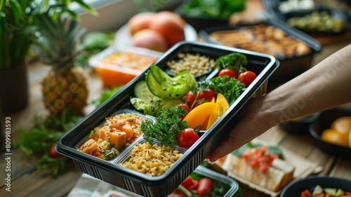 A healthy meal with vegetables, fruits, and grains in a plastic container.