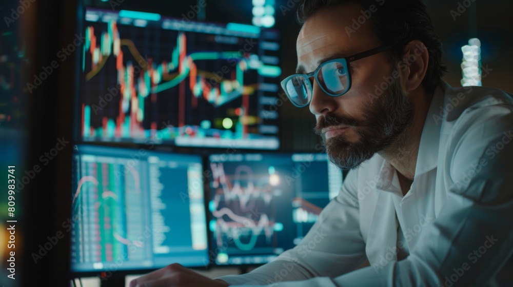 A concentrated man with glasses analyzes real-time stock data across several computer screens in a dark office.
