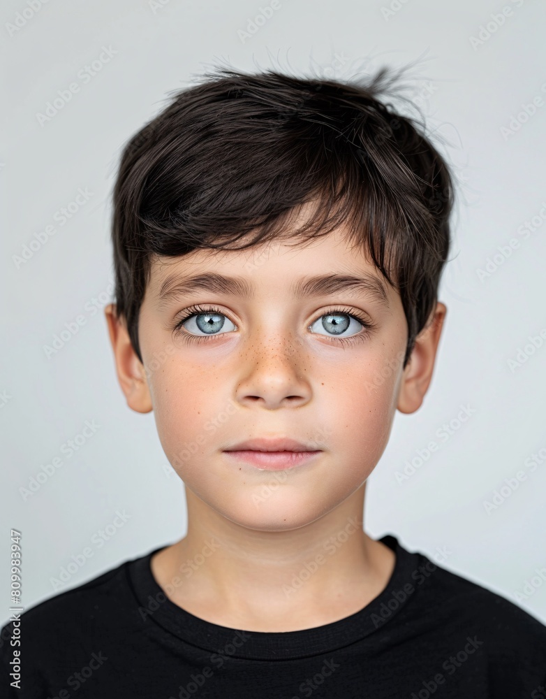 ID Photo for Passport : European child boy with straight short black hair and blue eyes, without glasses and wearing a black t-shirt