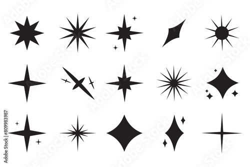 Sparkling Stars icon set. Retro futuristic sparkle icons collection. Set of star shapes. cool shine abstract effect sign vector design. Templates for design  posters.