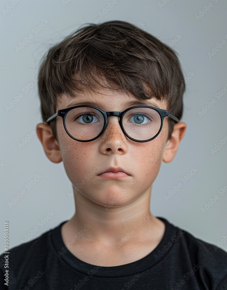 ID Photo for Passport : European child boy with straight short black hair and blue eyes, with glasses and wearing a black t-shirt