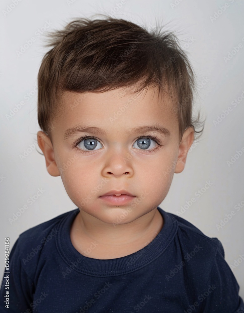 ID Photo for Passport : European baby boy with straight short black hair and blue eyes, without glasses and wearing a navy t-shirt ID Photo for Passport : European baby boy with straight short black hair and blue eyes, without glasses and wearing a navy t-shirt