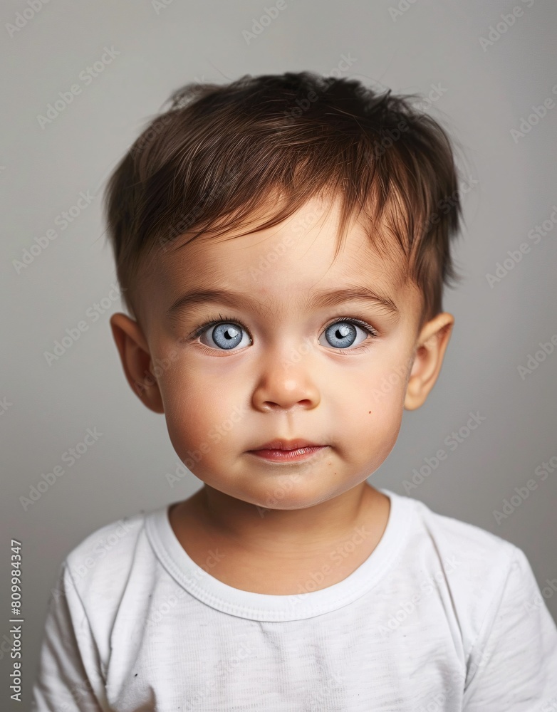 ID Photo for Passport : European baby boy with straight short black hair and blue eyes, without glasses and wearing a white t-shirt ID Photo for Passport : European baby boy with straight short black hair and blue eyes, without glasses and wearing a white t-shirt