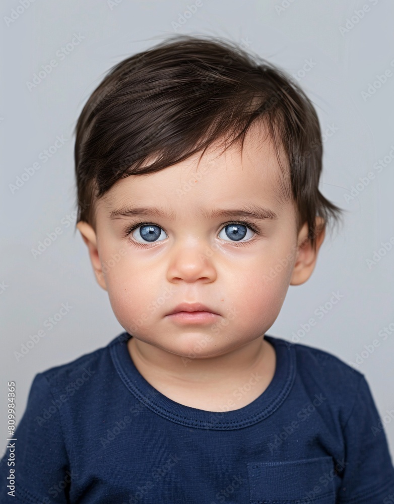 ID Photo for Passport : European baby boy with straight short black hair and blue eyes, without glasses and wearing a navy t-shirt ID Photo for Passport : European baby boy with straight short black hair and blue eyes, without glasses and wearing a navy t-shirt
