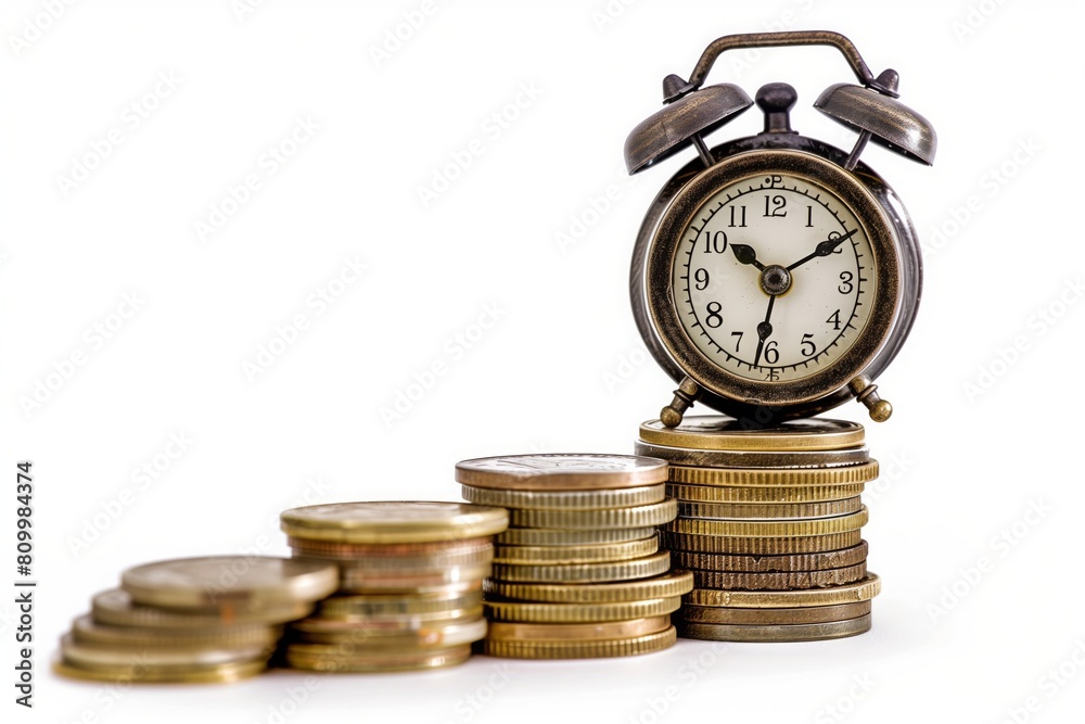 Retro alarm clock and coins stack . Retirement planning. money saving and Investment. Retro alarm clock and coins stack . Retirement planning. money saving and Investment.