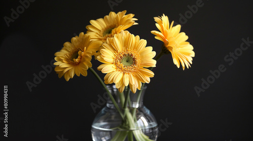 Intimate perspective capturing the elegance of yellow flowers in a clear glass vase, adding a sophisticated touch to room decor. © rai stone