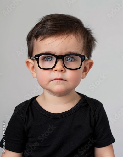 ID Photo for Passport   European baby boy with straight short black hair and blue eyes  with glasses and wearing a black t-shirt