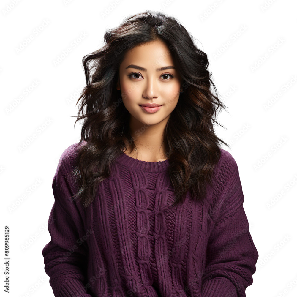 Front view close up of Asian woman dressed in a deep purple sweater and gray sweatpants, isolated on a white transparent background Front view close up of Asian woman dressed in a deep purple sweater and gray sweatpants, isolated on a white transparent background