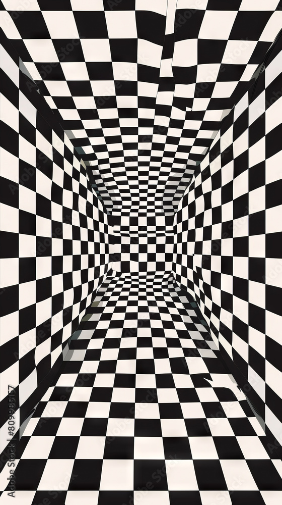 Naklejka premium A black and white checkered floor with a tunnel.